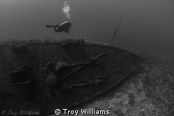 Diver heading for the ascent line on the USS Emmons @ 120ft. by Troy Williams 